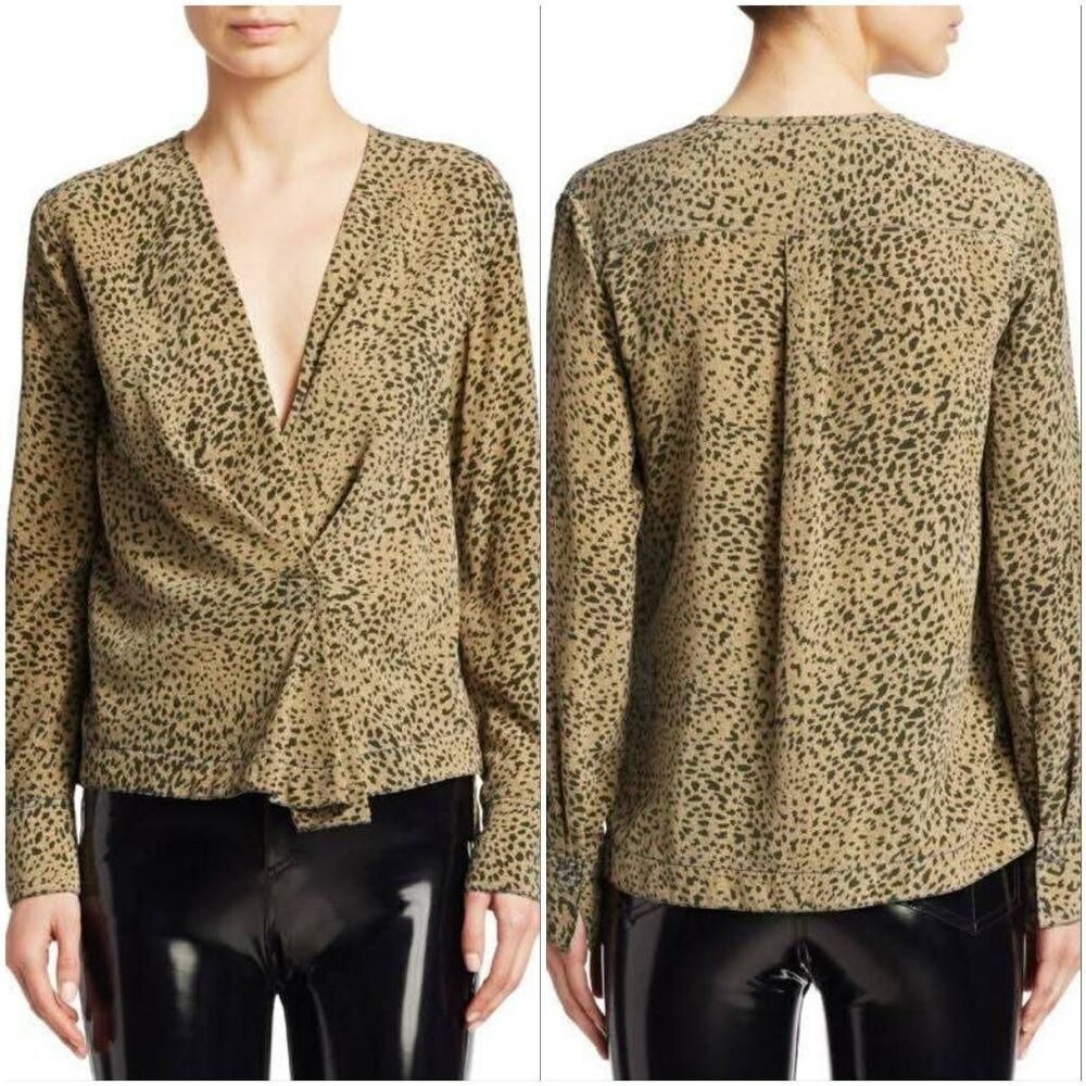 Rag & Bone Top Women's Small‎ Tan Leopard Print 100% Silk V-Neck Formal Blouse